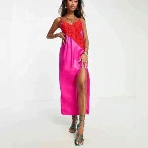 TOPSHOP Contrast Lace Color Block Slip Dress In Pink